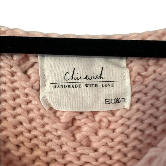 Chic Wish Heart Pom Pom Sweater V Neck Pink Hand Knitted Size S/M Wool Blend NWT - Picture 2 of 6